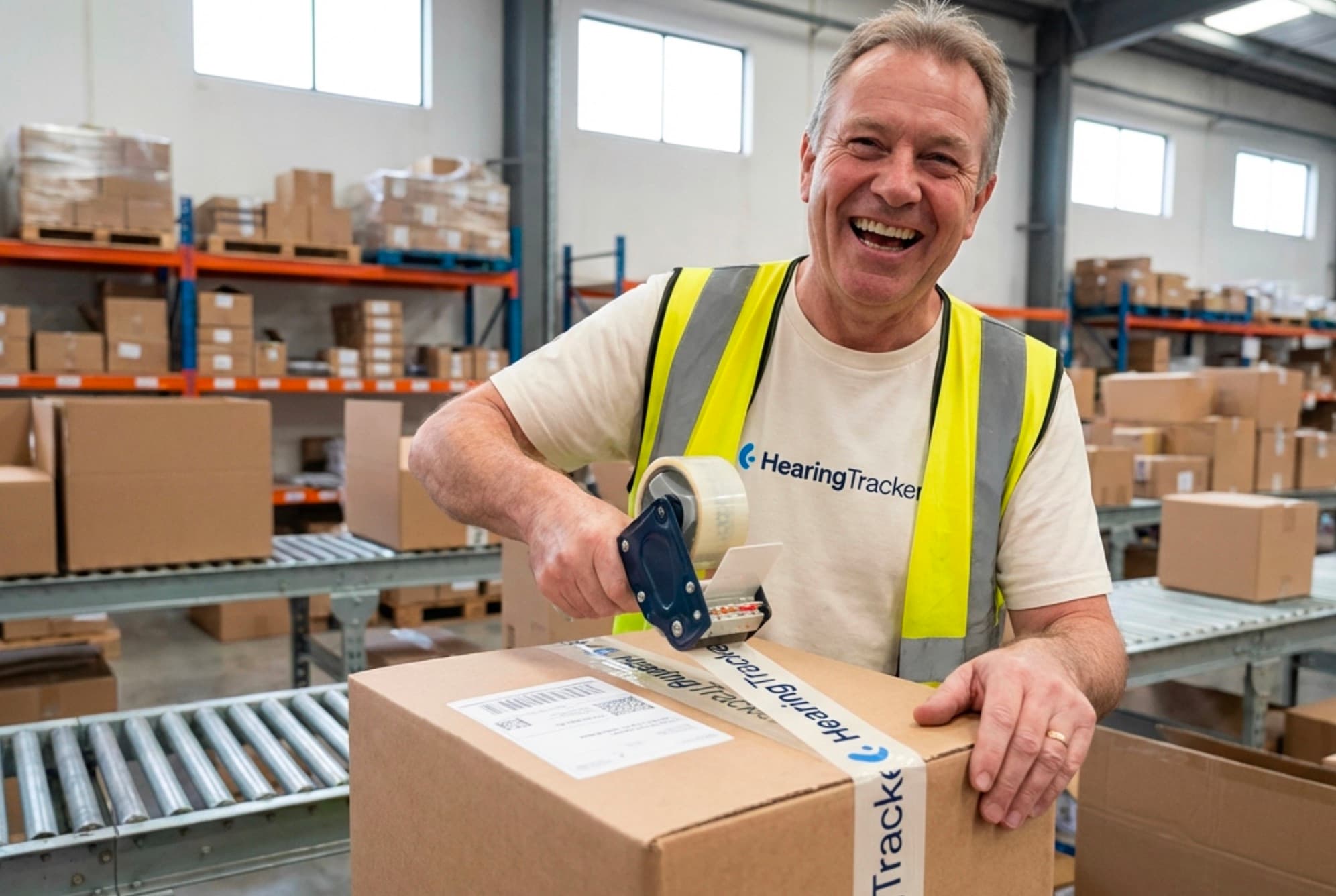 HearingTracker staff member smiling while taping up an order box in the warehouse